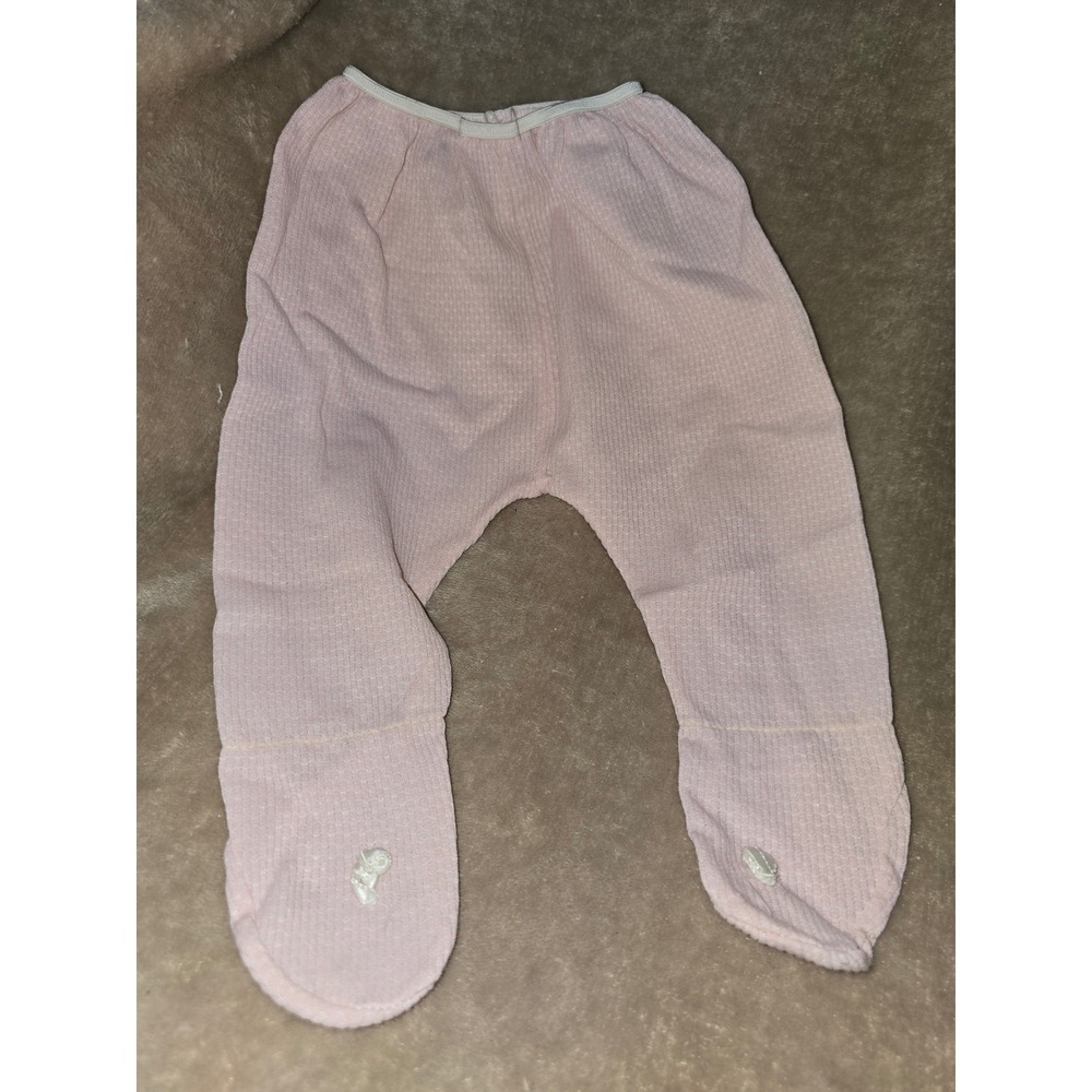Vintage Baby Pink Waffle Knit Footed Leggings with Rosebud Detail